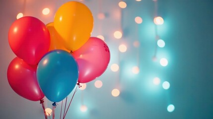 A vibrant cluster of colorful balloons against a soft-focus background of glowing lights, celebrating joy and festivity.