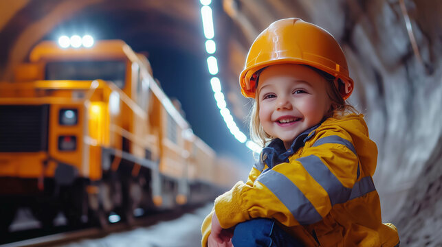 Little engineer smiling near train wearing safety helmet and jacket in a tunnel