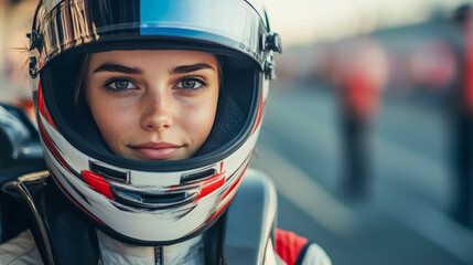 Female kart racer wearing helmet and preparing for race on track
