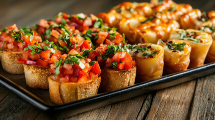 Appetizer Platter: Delicious bruschetta and rolled appetizers arranged on a rustic wooden table.  Close-up shot, perfect for showcasing food photography or restaurant menus.