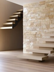 Modern floating staircase ascends elegantly against warm stone wall bathed in soft light. AI Generated