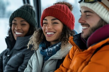 Skiers smiling and enjoying a ski lift ride up to the mountain