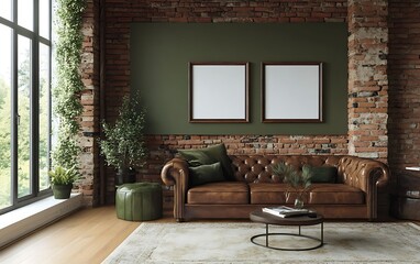 Fototapeta premium Green wall loft apartment living room interior design; leather sofa, plants