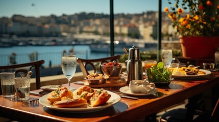 Fototapeta premium table setting at restaurant HD 8K wallpaper Stock Photographic Image