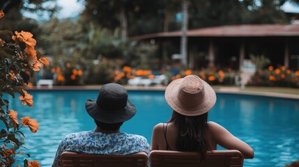 Couple Relaxing by Poolside Tropical Vacation Summer Getaway