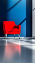 Bright sunlight illuminates vibrant red armchair against deep blue wall. AI Generated
