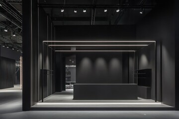 Dark exhibition space with minimalist white LED strip lighting.