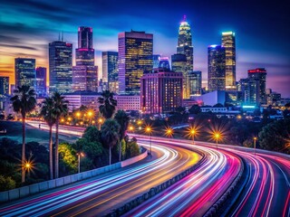 Fototapeta premium Los Angeles City Lights, Long Exposure Night Photography, Urban Skyline, Dramatic Cityscape
