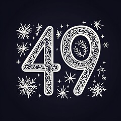 Elegant Hand-Drawn Number 49 Surrounded by Decorative Star Motifs and Floral Elements on a Dark Background for Stylish Designs