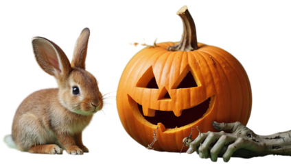 A tiny brown baby rabbit with large ears is positioned next to a smiling carved pumpkin on transparent background