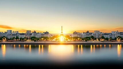 Obraz premium Golden Sunrise Illuminates City Skyline Reflective Water Peaceful Calm Ambiance. AI Generated
