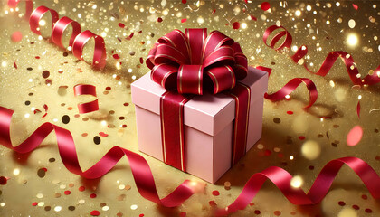 ピンクのプレゼントボックス、ゴールド背景