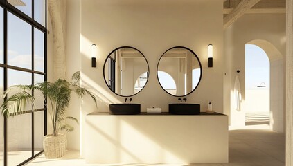 Modern Bathroom Design:  Sunlit Oasis with Minimalist Sinks and Round Mirrors, Featuring Natural Plant Accents.