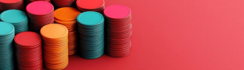 Colorful stacks of coins arranged on a vibrant red background, creating a playful and dynamic visual composition.