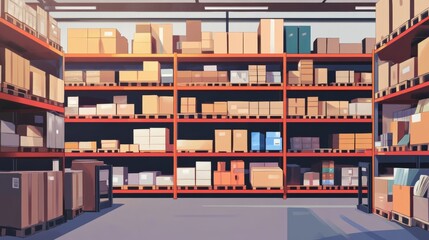 Retail warehouse full of shelves with cardboard boxes and packages. Logistics, storage, and delivery industrial background.