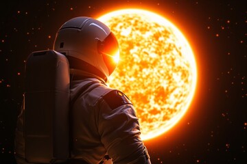 Astronaut in a spacesuit looking at a glowing star in space, with a dark background and bright orange light emitting from the star. Concept of exploration. Ai generative