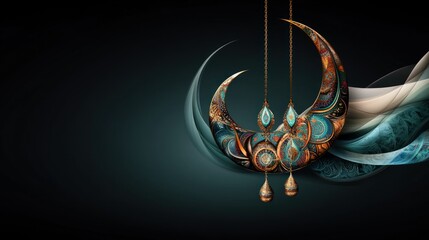 Naklejka premium Ornate Moon-Shaped Pendant with Turquoise Accents and Artistic Swirls