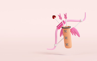 3d bow with quiver, arrows isolated on pink background. happy valentine's day concept, 3d illustration render