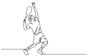 Continuous line drawing of a Tennis player man hitting the ball. Young male person or athlete in action, racket gear and serve in workout health vector illustration.Tennis player isolated on a white 