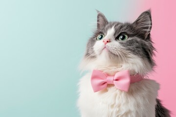Portrait of a beautiful, fluffy white and grey cat with a pink bow tie on a pastel background, close-up, with Copy space for text.