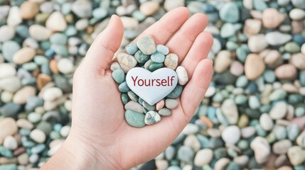 A hand holding a heart-shaped stone surrounded by smaller stones, promoting self-love.