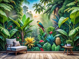 Fototapeta premium Lush Tropical Backyard Mural: Giant Leaf & Bird Wallpaper Design