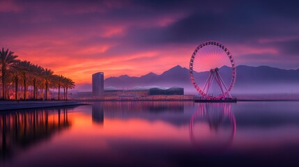 Serene Sunset Over Ferris Wheel and Reflections in Water