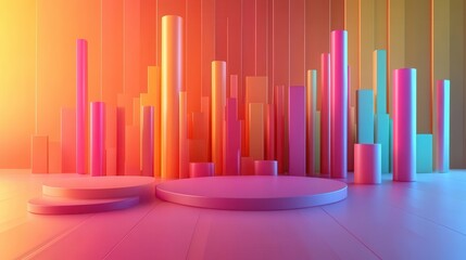 Obraz premium A vibrant, abstract scene featuring colorful cylindrical shapes and circular platforms, set against a gradient background.