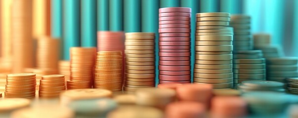 A vibrant display of stacked coins in varying colors and heights, symbolizing financial growth and investment potential.