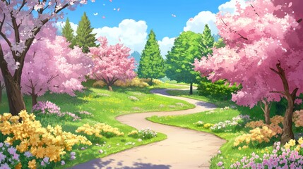Springtime path winding through blooming cherry blossom trees and wildflowers, mountain background; game background