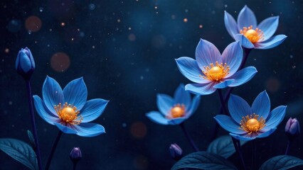 Fototapeta premium Serene Blue Flowers Glowing Under a Dark Night Sky with Sparkling Dust