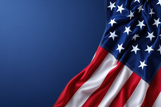 Close-up of the American flag with stars and stripes, detailed fabric texture, on a clean blue background. Concept of patriotism and national pride. Ai generative - Powered by Adobe