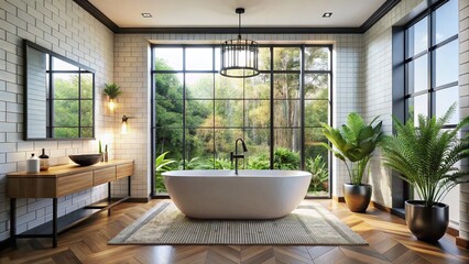 Fototapeta premium Luxurious White Tile Bathroom with Freestanding Tub & Black Faucet