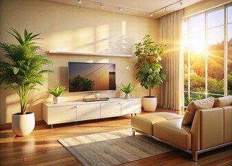 Fototapeta premium Luxury Living Room Interior: Cream Leather Sofa, Smart TV, & Sunlight Bokeh