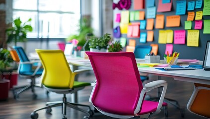 Fototapeta premium Colorful Office Chairs and Desk Enhance Workspace Productivity and Creativity with Vibrant Designs