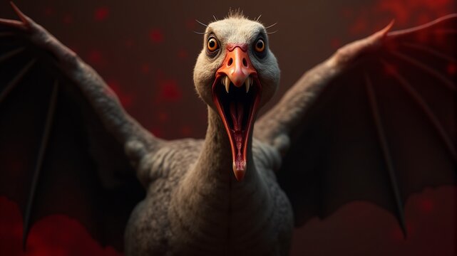 A terribly scary bird, opening its toothy mouth and spreading its wings, rushed to attack