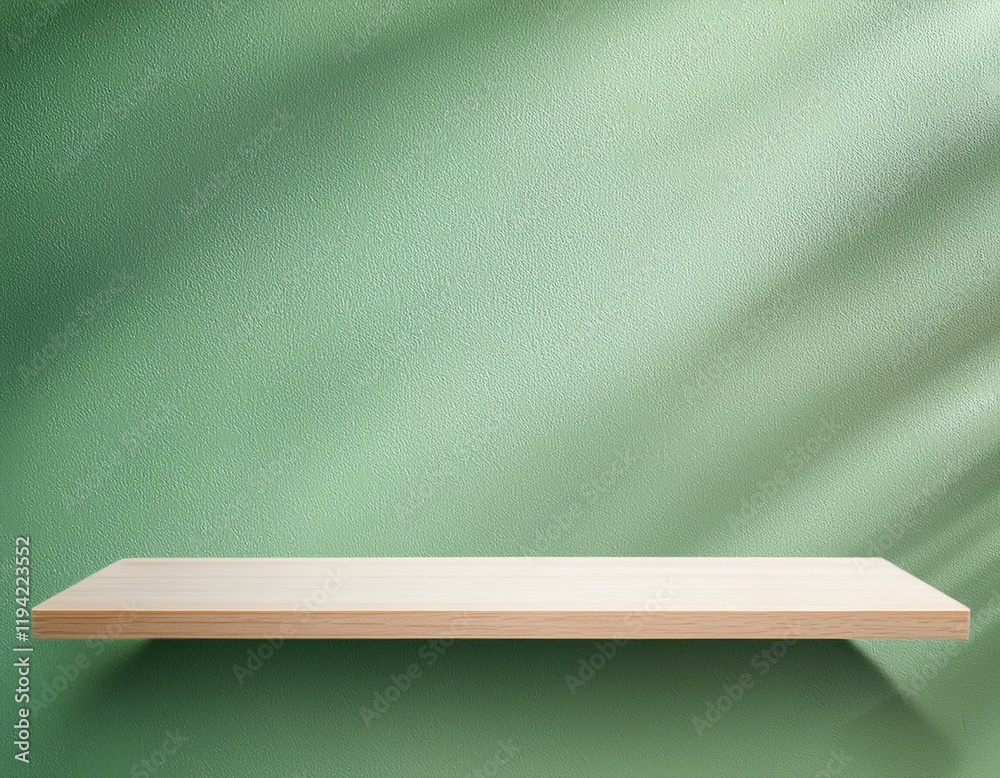 Poster front view of empty shelf on light green wall background with modern minimal concept. generated imag