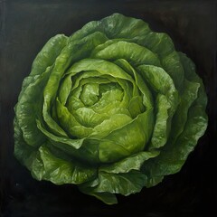Fototapeta premium Close-up view of a vibrant green lettuce, painted in oil on canvas