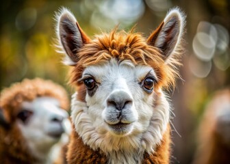 Fototapeta premium Macro Close-up of Brown and White Alpaca Head, Fluffy Alpaca Fur Texture