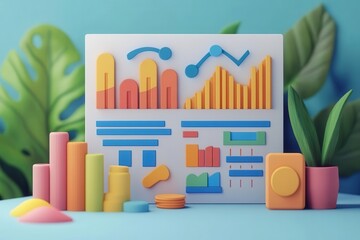 Obraz premium A colorful 3D illustration of charts and graphs, representing data analytics, surrounded by vibrant plants on a pastel background.