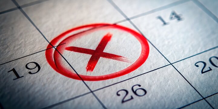 Macro Close-up of Red Circle and X Countdown on Calendar - Stock Photo