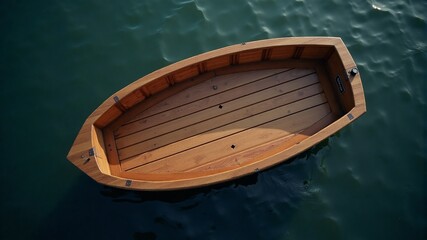 An empty wooden boat in the middle of a pond, top view