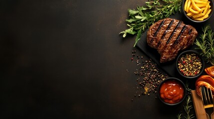 Juicy Grilled Steak with Side Dishes and Spices on Dark Background