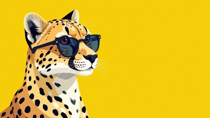 Obraz premium Stylish Cheetah in Sunglasses Against Vibrant Yellow Background, Perfect for Fashion or Wildlife Designs