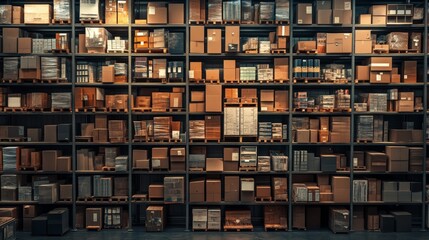 Retail warehouse full of shelves with cardboard boxes and packages. Logistics, storage, and delivery industrial background.