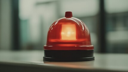 Illuminated red service bell on table.