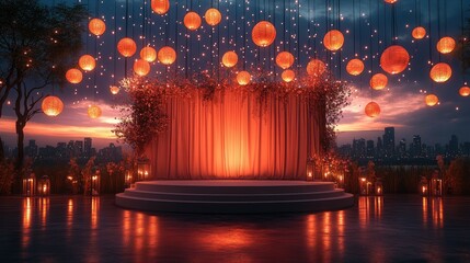 Romantic City Sunset Wedding Ceremony: Enchanting Evening Event with Magical Lanterns and Warm Lighting
