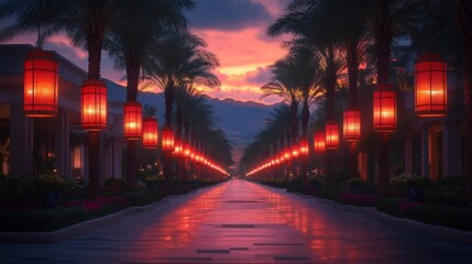 Fototapeta premium Sunset Pathway, Resort, Palm Trees, Lanterns, Mountains