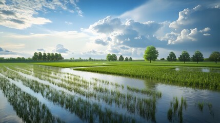 Obraz premium Serene flooded rice paddy under a vast blue sky