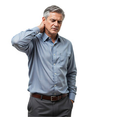 Tired Businessman Neck Pain Stress Adult Male Portrait Studio grey hair blue work mood body photo   